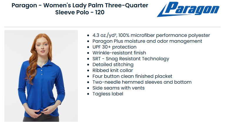 Paragon Womens Polo 3/4 sleeve